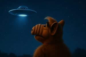 imagem ilustra o post com o tema: O Polêmico Final da Série 'Alf, o Eteimoso' a imagem é o personagem alf olhando para o céu , no céu esta voando um disco voador.
