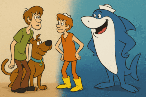 A imagem ilustra o post com o tema: Faz Igual Mas Não Copia: Scooby-Doo vs. Tutubarão. A imagem mostra os personagens dos desenhos scooby doo e tutubarão se olhando.