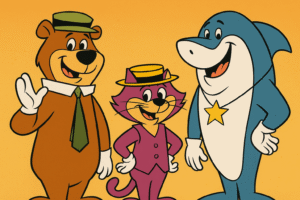 A imagem ilustra o post com o titulo: Por que tantos personagens dos desenhos usam luva branca? a imagem mostram personagens classicos como ze colmeia, manda chuva e tutubarão utilizando as famosas luvas brancas.