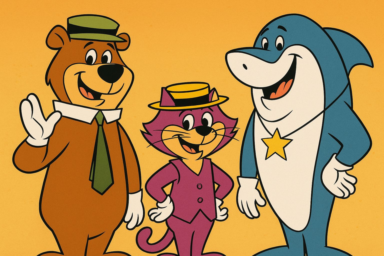 A imagem ilustra o post com o titulo: Por que tantos personagens dos desenhos usam luva branca? a imagem mostram personagens classicos como ze colmeia, manda chuva e tutubarão utilizando as famosas luvas brancas.