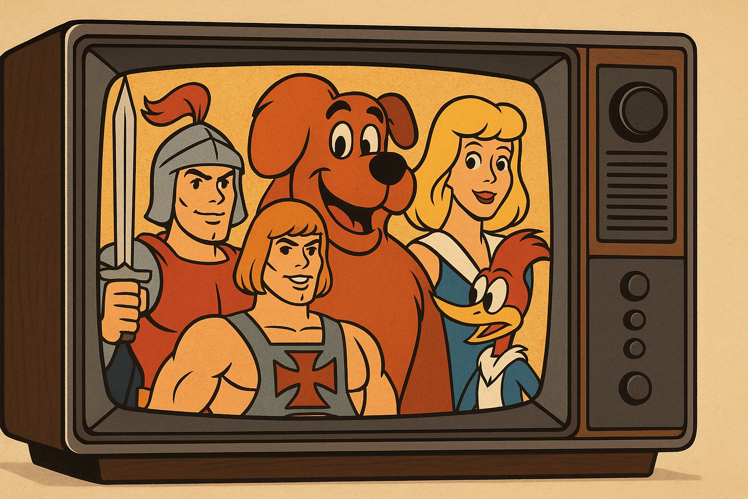 A imagem ilustra o post com o tema: Quantos quadros por segundo tinha um desenho animado? a imagem mostra uma tv de tubo com personagens clássicos como pica pau e heman.