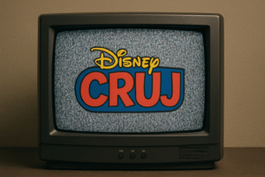 Disney Cruj. A imagem ilustra o post com o tema: Disney Cruj: A história do programa que marcou uma geração. a imagem é um tv de tubo antiga, a imagem esta desfocada (fora de sintonia) e na frente da imagem fora de sintonia esta o logo do programa Disney Cruj.