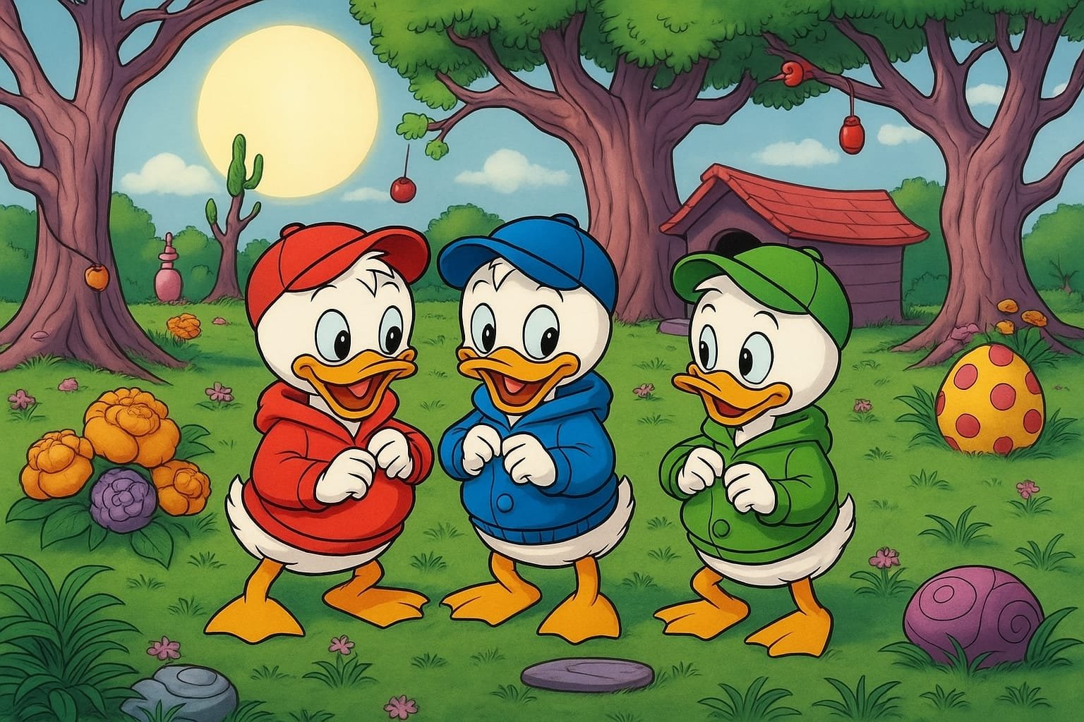 A imagem ilustra o post sobre o tema: Por que os Sobrinhos do Pato Donald Moram com Ele? A imagem mostra os três sobrinhos do pato Donald Sorrindo em uma floresta.