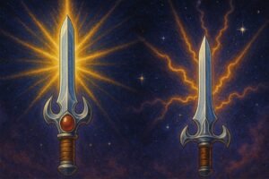 A imagem ilustra o post com o tema: He-Man vs. Lion-O: Qual Espada é Mais Poderosa? A imagem mostra as duas espadas lado a lado.