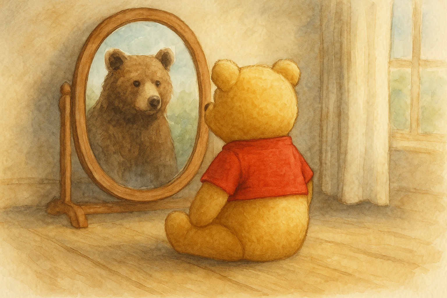 A imagem mostra o ursinho pooh (urso de pelucia) olhando para um espelho redondo, o reflexo do espelho mostra a ursa winnie, uma ursa real, na qual o personagem foi inspirado.