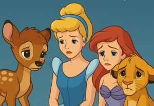 A imagem serve para ilustrar o post com o tema: Tragédias e Órfãos: Por que Quase Ninguém Tem Mãe na Disney? a foto contem os personagens bambi, cincerela,ariel e simba, sentandos lado a lado com olhar e rostos tristes.