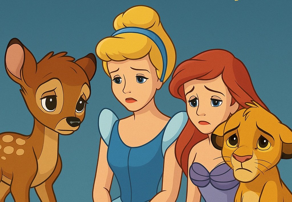 A imagem serve para ilustrar o post com o tema: Tragédias e Órfãos: Por que Quase Ninguém Tem Mãe na Disney? a foto contem os personagens bambi, cincerela,ariel e simba, sentandos lado a lado com olhar e rostos tristes.