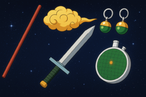 A imagem serve para ilustrar o post que tem o titulo: ITENS QUE MARCARAM DRAGON BALL, na imagem temos uma espada, uma novem voadora, os brincos potaro e o radar do dragão.