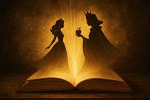 A imagem se refere ao post com o titulo: Branca de Neve: Conto Original vs. o filme da Disney , na imagem aparece a branca de neve e a rainha má saindo de um livro antigo.