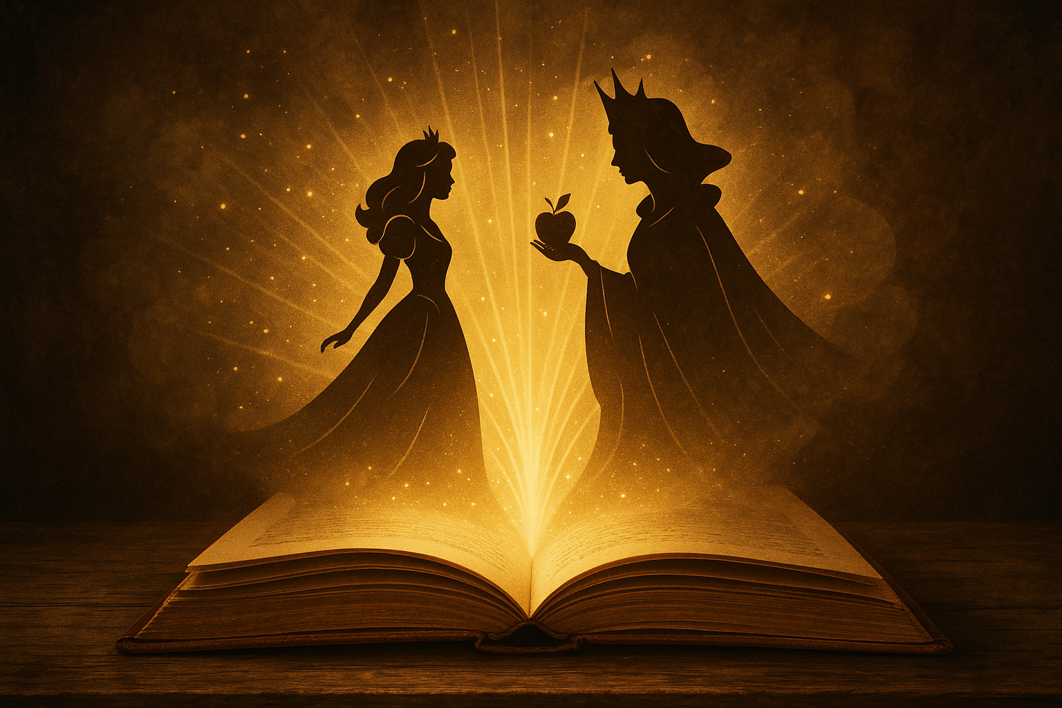 A imagem se refere ao post com o titulo: Branca de Neve: Conto Original vs. o filme da Disney , na imagem aparece a branca de neve e a rainha má saindo de um livro antigo.