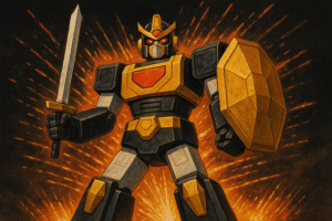 A imagem ilustra o post que tem o titulo: O Homem-Aranha Já Teve um Megazord? Descubra a Versão Japonesa do Herói. Na imagem temos um robô gigante estilo megazord com um fundo preto e faíscas voando.