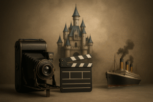 imagem ilustra o post com o titulo:Mudanças de Última Hora que Salvaram Filmes. a imagem possui varios componentes , camera de cinema , navio titanic e castelo disney