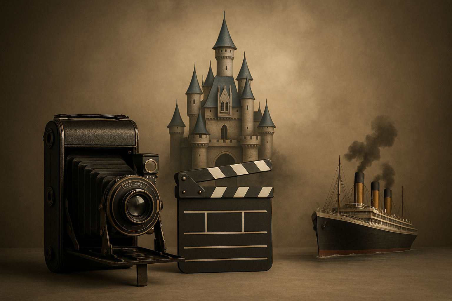 imagem ilustra o post com o titulo:Mudanças de Última Hora que Salvaram Filmes. a imagem possui varios componentes , camera de cinema , navio titanic e castelo disney