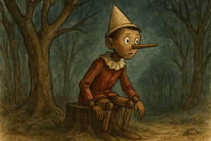 A imagem ilustra o post com titulo de: Pinóquio fora da Disney: A verdadeira história, a imagem mostra pinoquio sentado em um tronco de arvore em uma floresta escura.