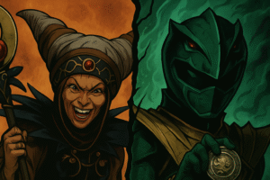 A imagem possui dois personagens do lado esquerdo a personagem Rita repulsa e ao lado dela a mesma personagem caracterizada com ranger verde.