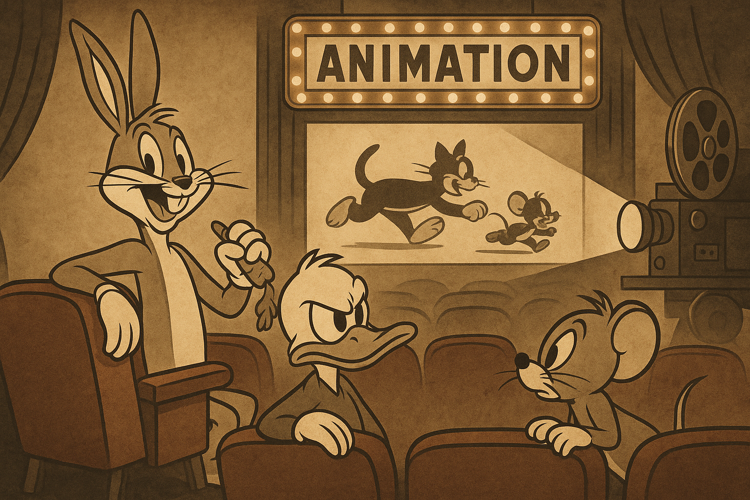 Imagem que ilustra o post sobre os anos 40 a era de ouro das animações, na imagem temos pernalonga, patolino tom e jerry em uma sala de cinema.