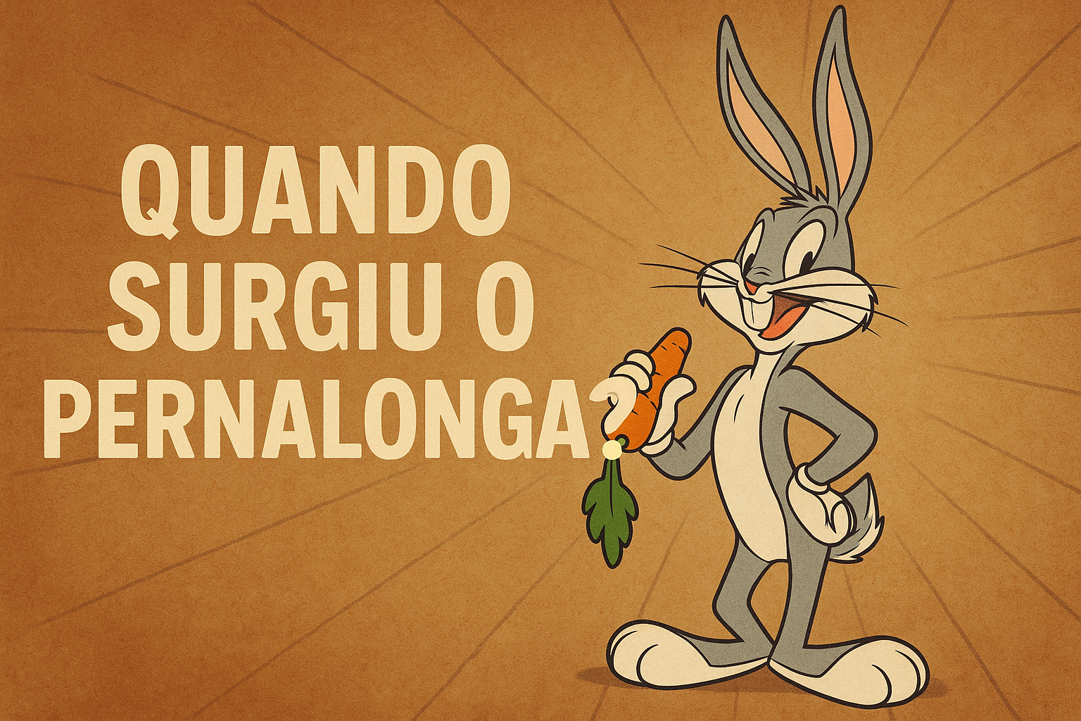 A imagem possui o titulo Quando surgiu o Pernalonga? e a imagem do personagem, com uma cenoura na mão.